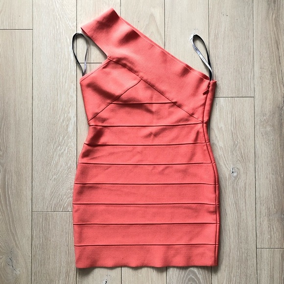 Herve Leger Paris Asymmetrical Mini Dress in Coral Peach Size M - Picture 2 of 13